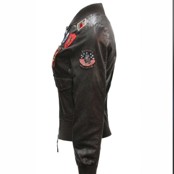 TOP GUN Women's Vegan Leather Brown Bomber Jacket Size S - Picture 6 of 9
